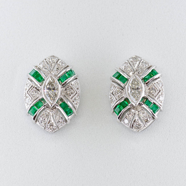 Vintage Marquise Diamond and Emerald Earrings | 0.75 ctw, .36 ctw |